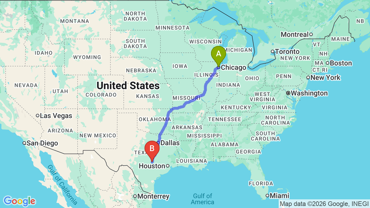 Route map: Chicago to Texas Car Shipping: Reliable Transport for Your Relocation