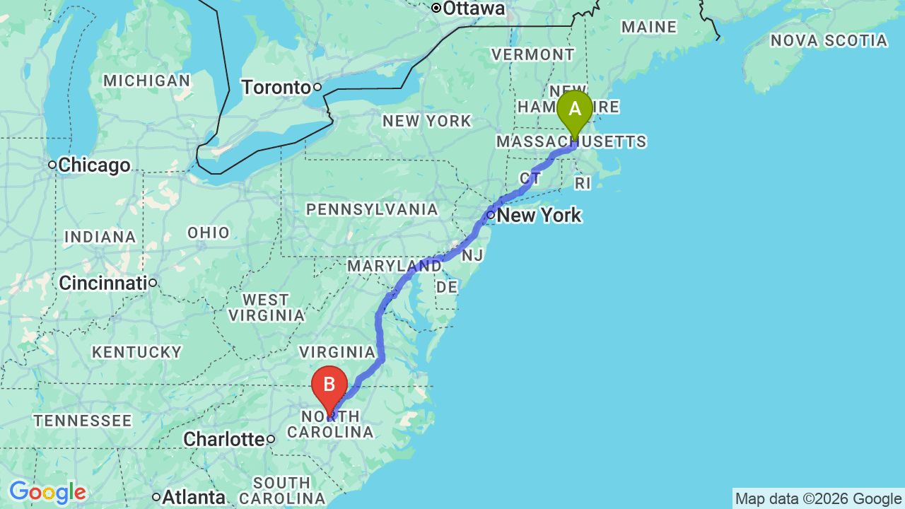 Route map: Boston, MA to North Carolina Car Shipping for Your New Career Chapter