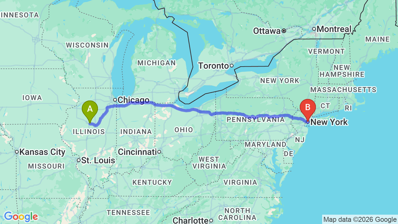 Route map: Chicago to New York Car Shipping: Complete Career Relocation Guide