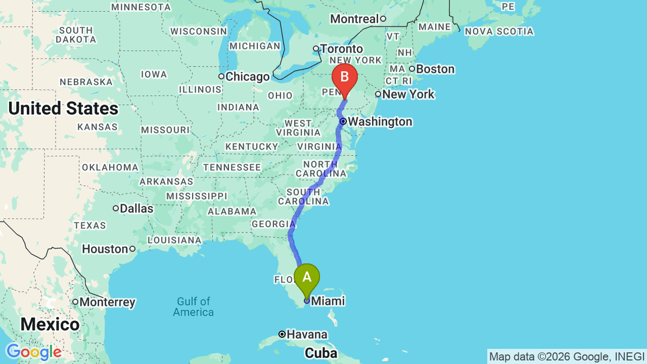 Route map: Miami to Pennsylvania Car Shipping: Snowbird and Seasonal Transport Solutions