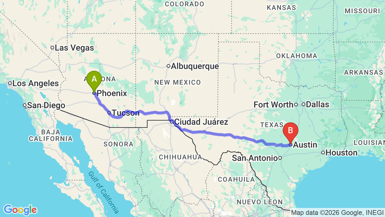 Route map: Phoenix to Texas Car Shipping: Efficient Southwest Corridor Shipping