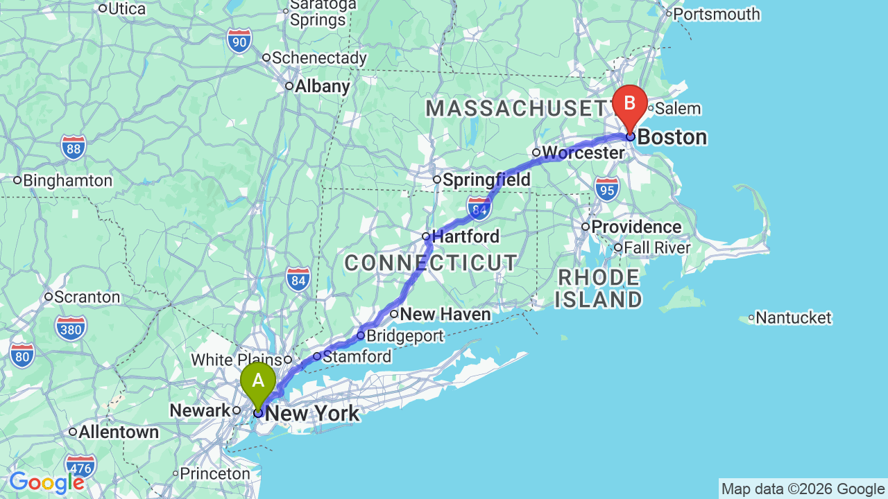 Route map: New York City to Boston Car Shipping: Fast Professional Relocation