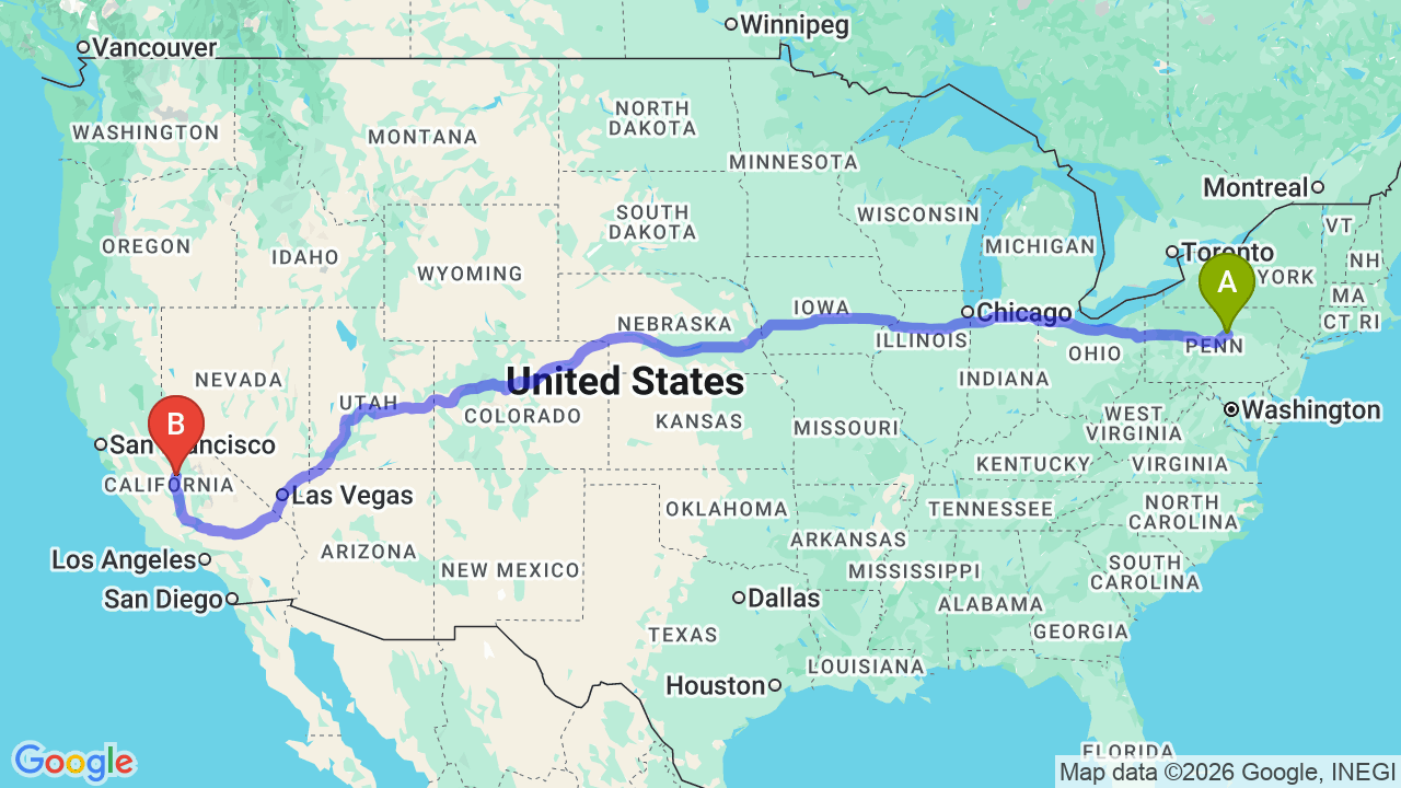 Route map: Philadelphia to California Car Shipping