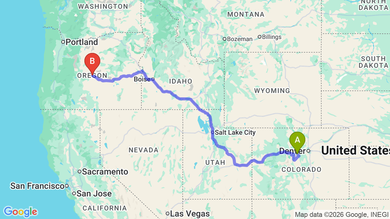 Route map: Shipping Your Car from Denver to Oregon: Reliable Relocation Solutions