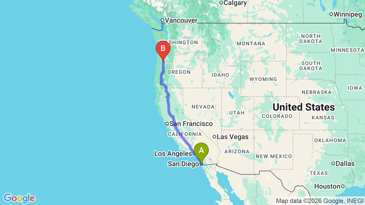 Route map: San Diego to Oregon Car Shipping: Professional Auto Transport Services