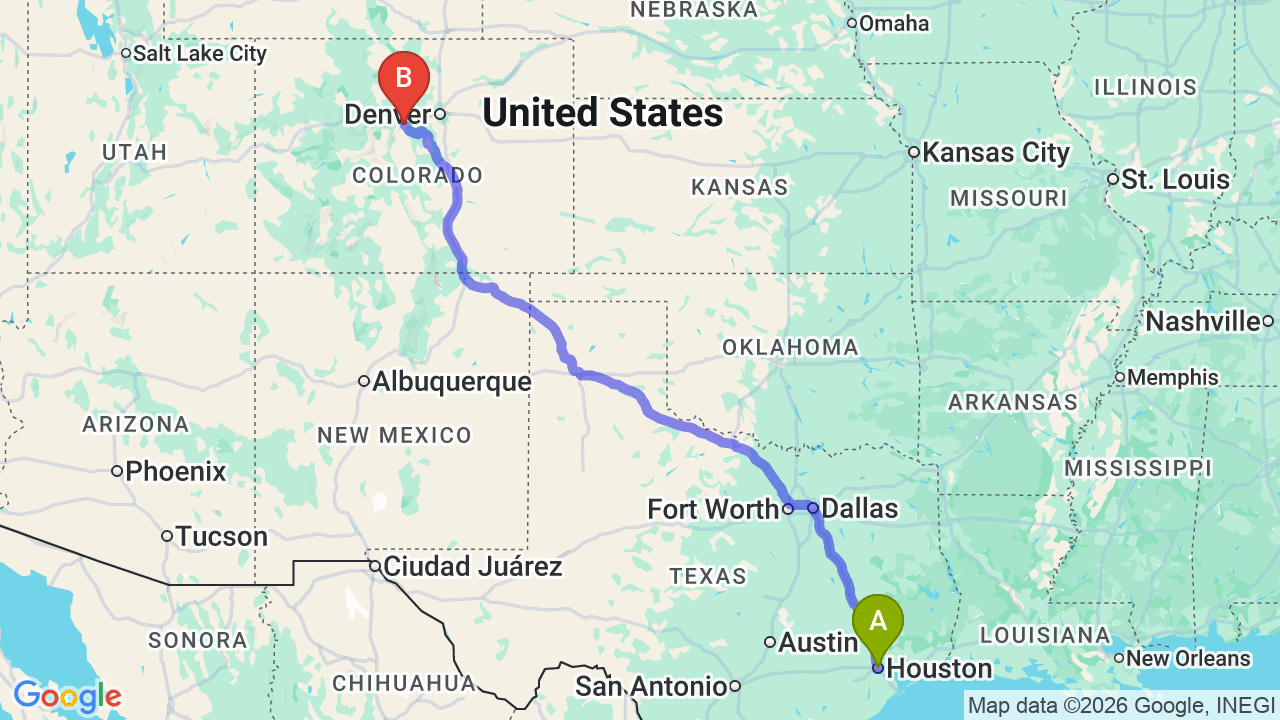 Route map: Houston to Colorado Car Shipping: Your Stress-Free Relocation Guide