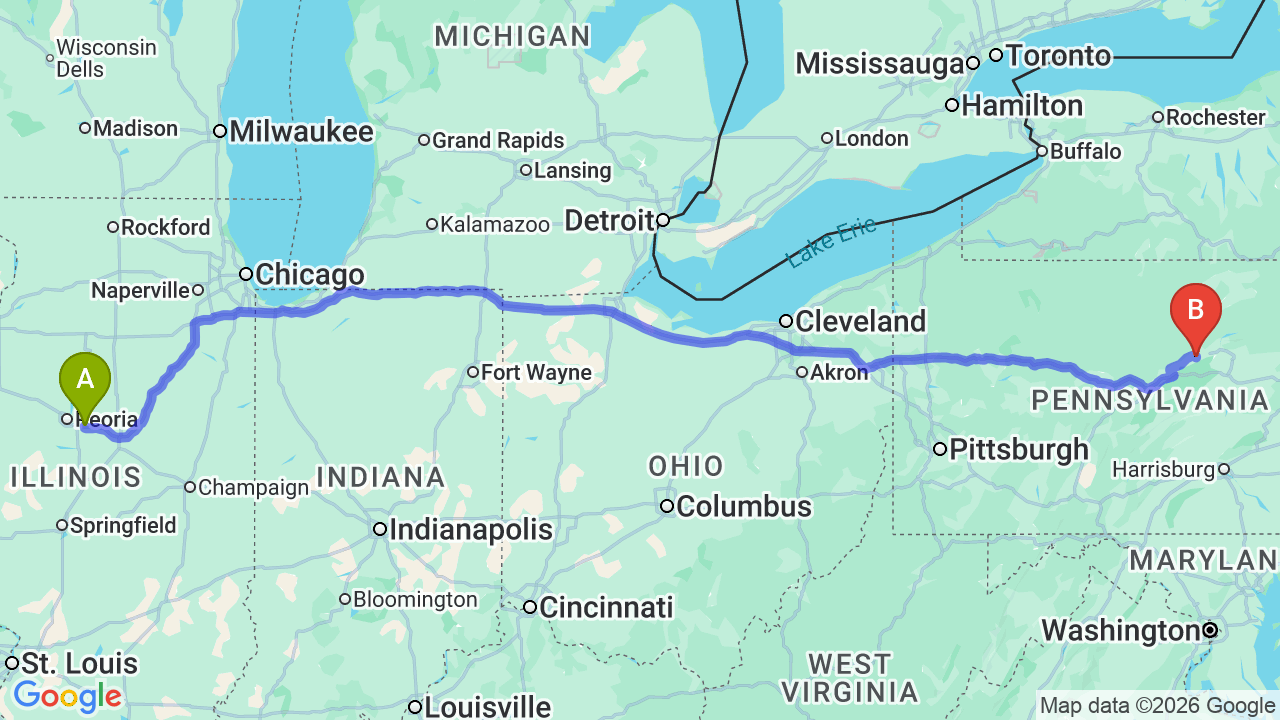 Route map: Chicago to Pennsylvania Car Shipping for Your Career Move