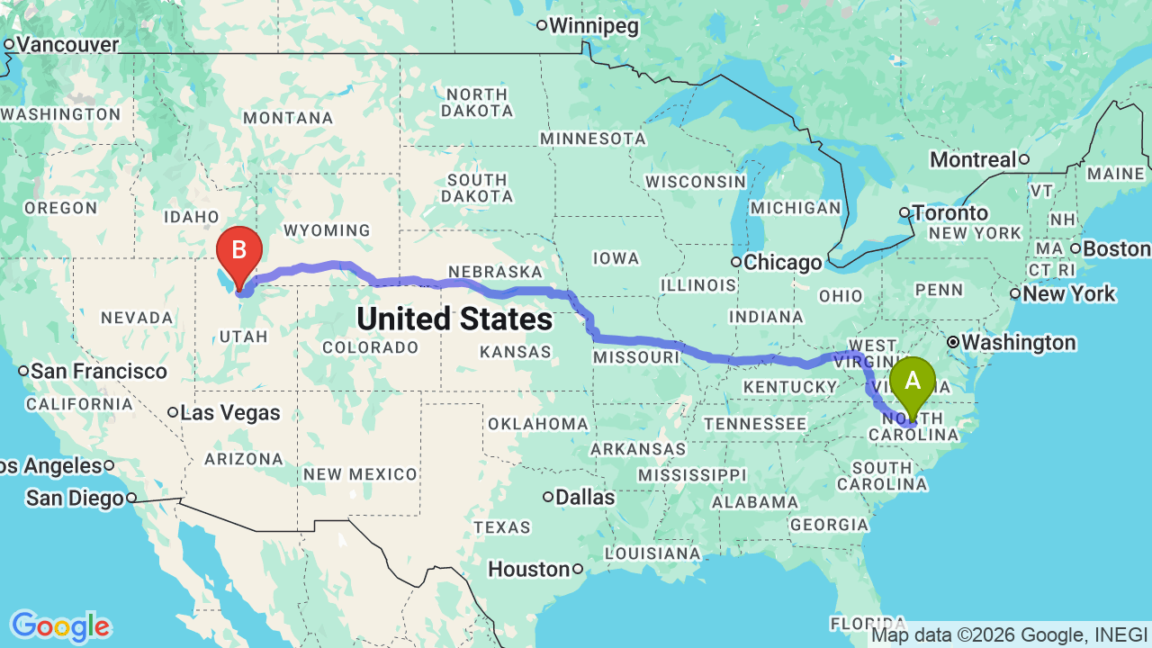 Route map: North Carolina to Utah Car Shipping for Your Job Relocation