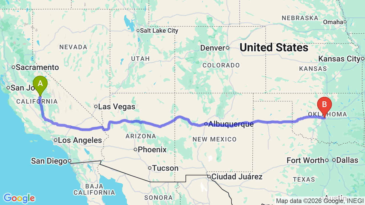 Route map: California to Oklahoma Auto Transport for Career Relocators