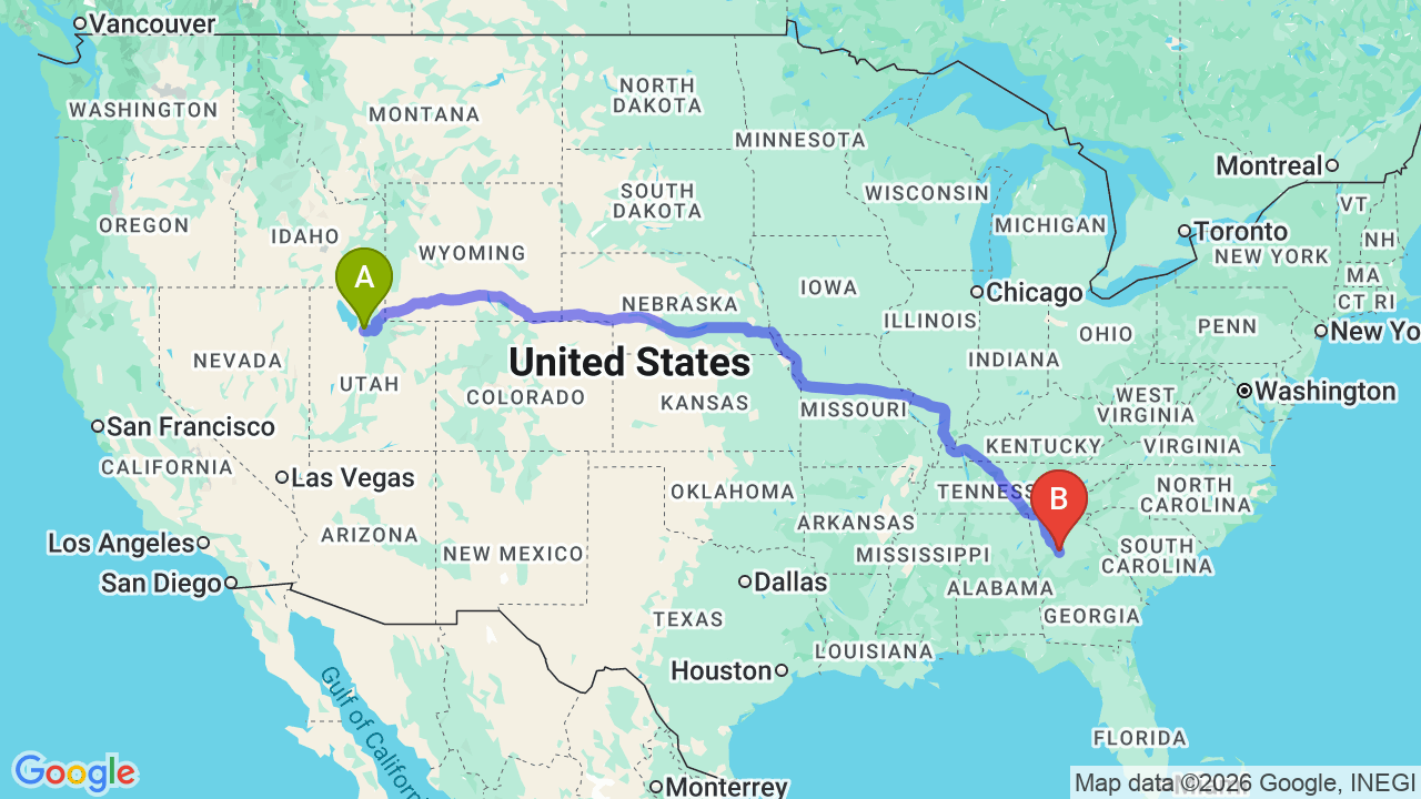 Route map: Utah to Georgia Car Shipping: Complete Relocator’s Guide