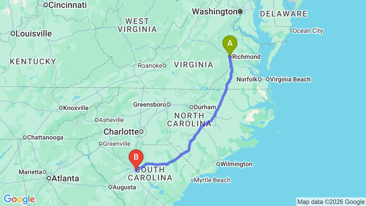 Route map: Virginia to South Carolina Car Shipping: Complete Relocator’s Guide