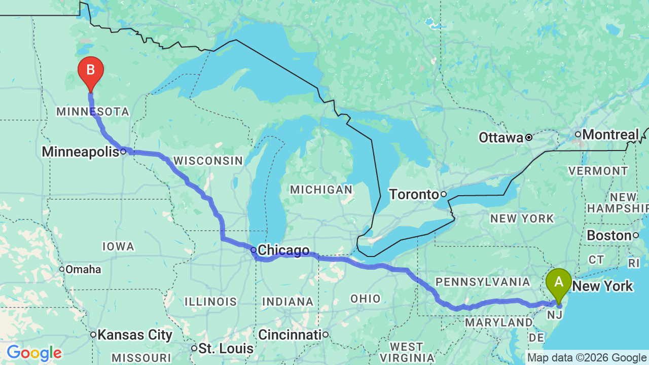 Route map: New Jersey to Minnesota Car Shipping: Complete Relocator’s Guide