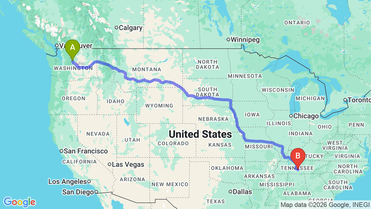 Route map: Washington to Tennessee Car Shipping for Your Career Relocation