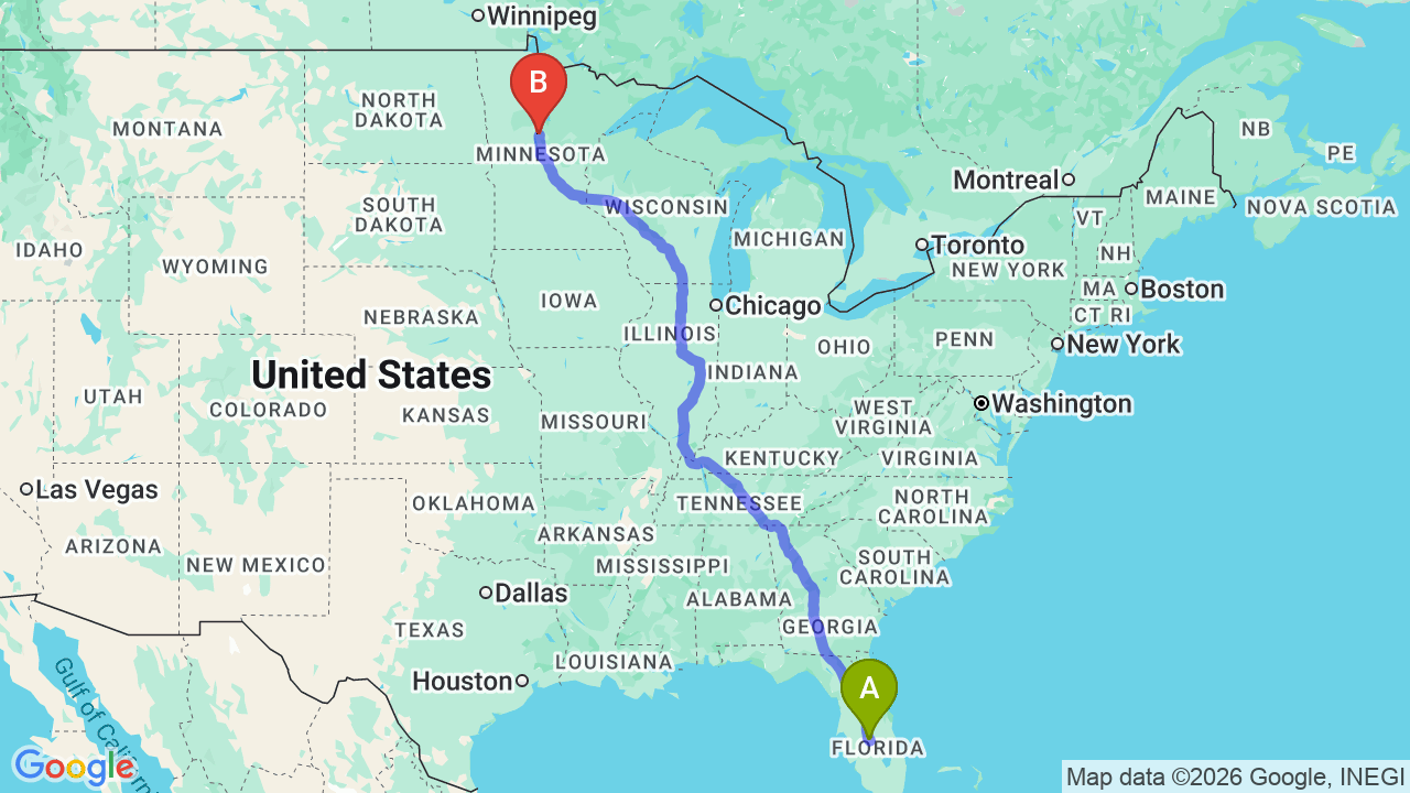 Route map: Florida to Minnesota Car Shipping: Professional Relocation Services