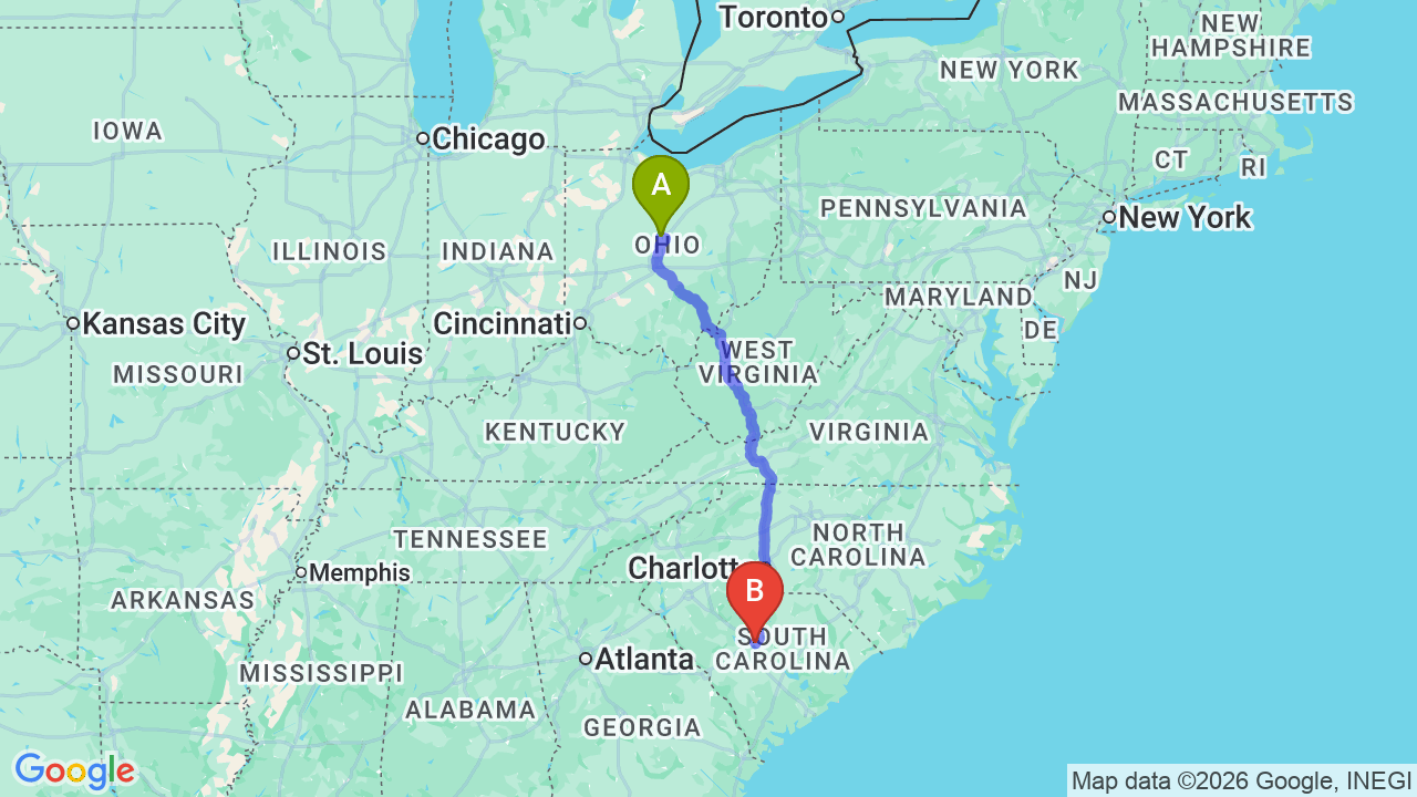 Route map: Ohio to South Carolina Car Shipping: Complete Relocator’s Guide