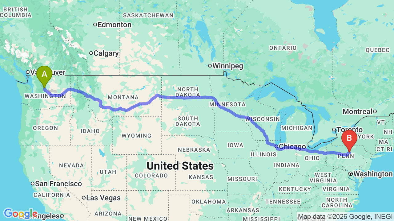 Route map: Washington to Pennsylvania Car Shipping: Complete Relocator’s Guide