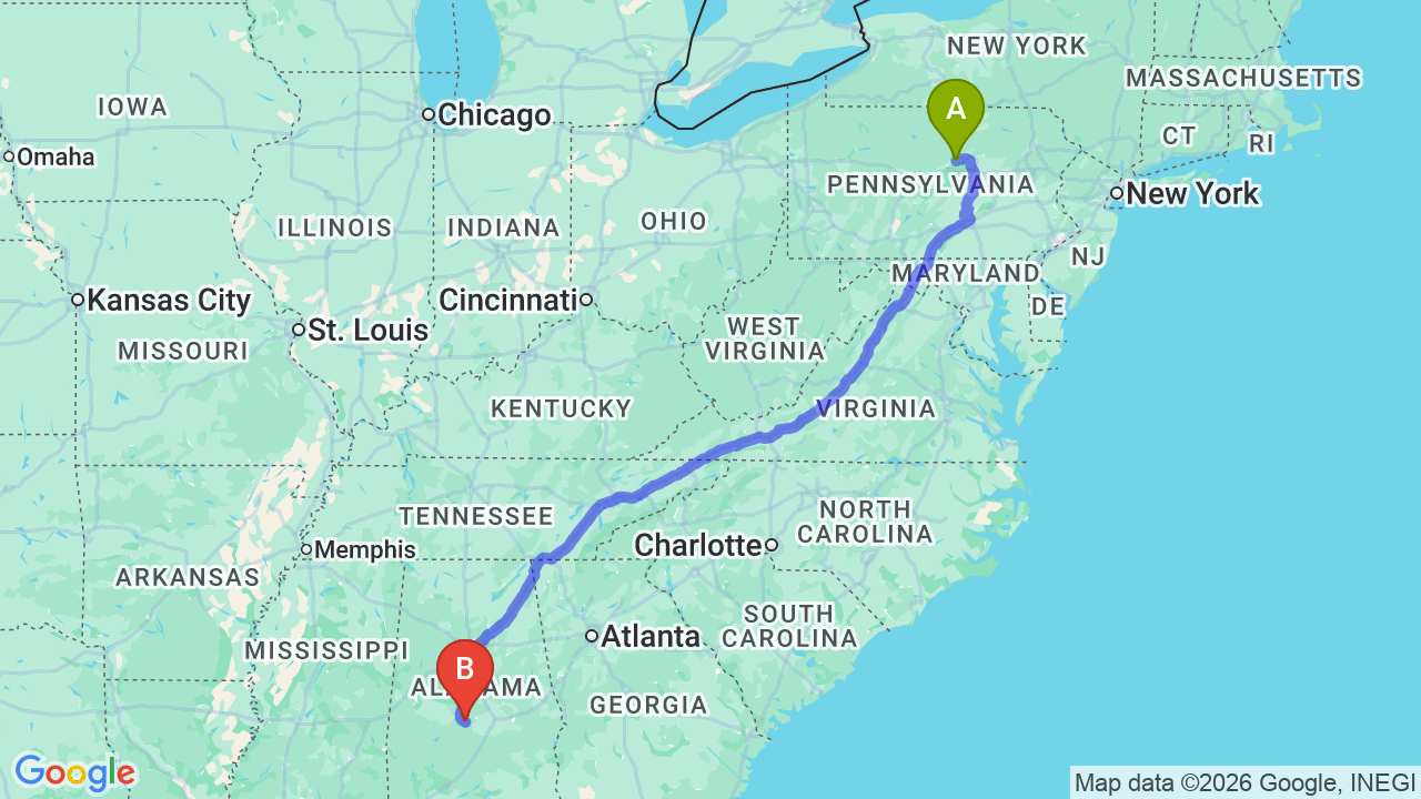 Route map: Pennsylvania to Alabama Car Shipping: Your Professional Relocation Guide