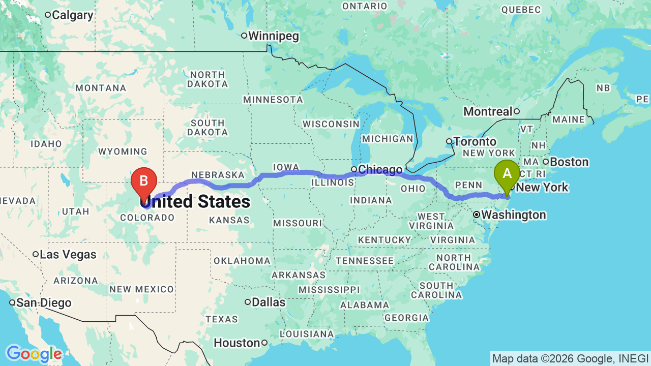 Route map: New Jersey to Colorado Car Shipping: The Complete Relocation Guide