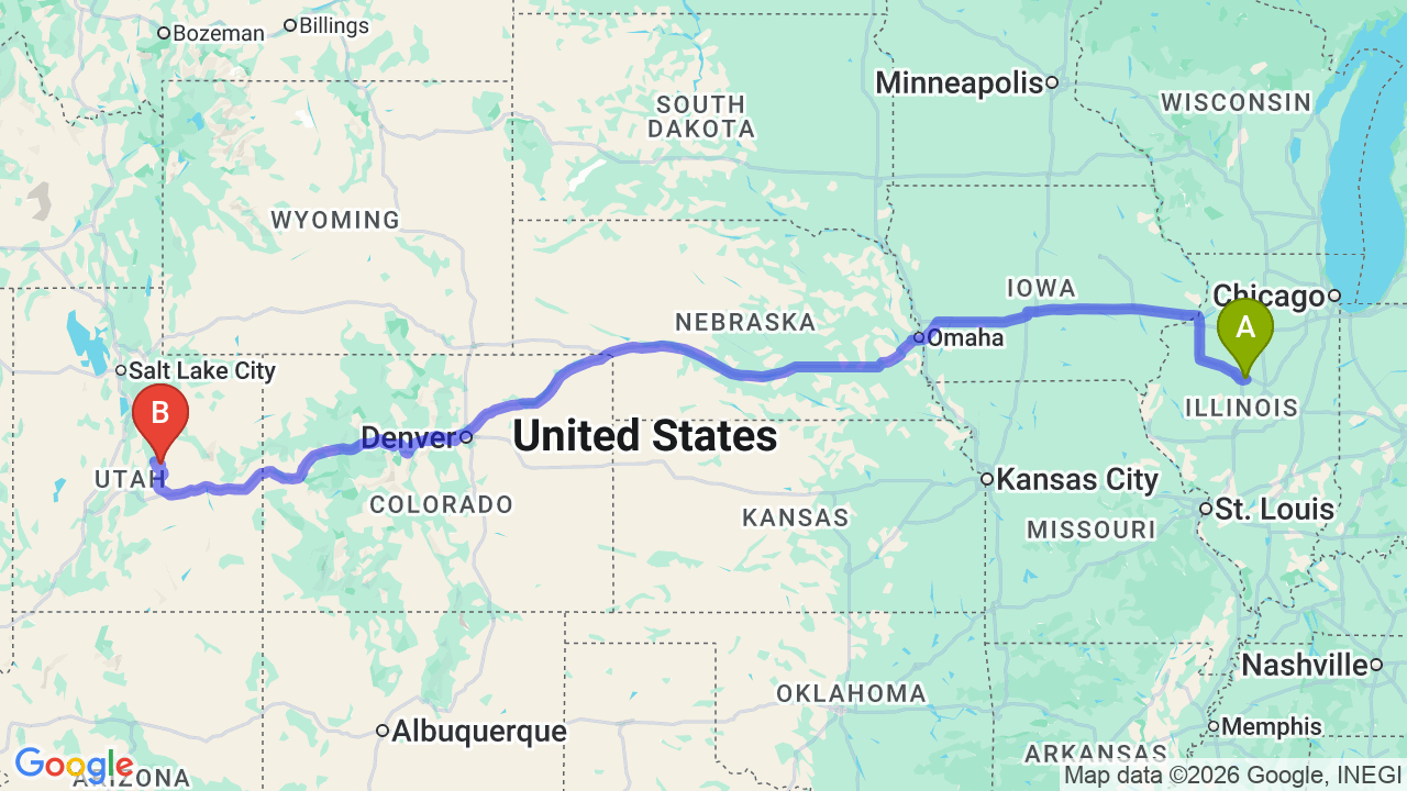 Route map: Illinois to Utah Car Shipping: Complete Guide