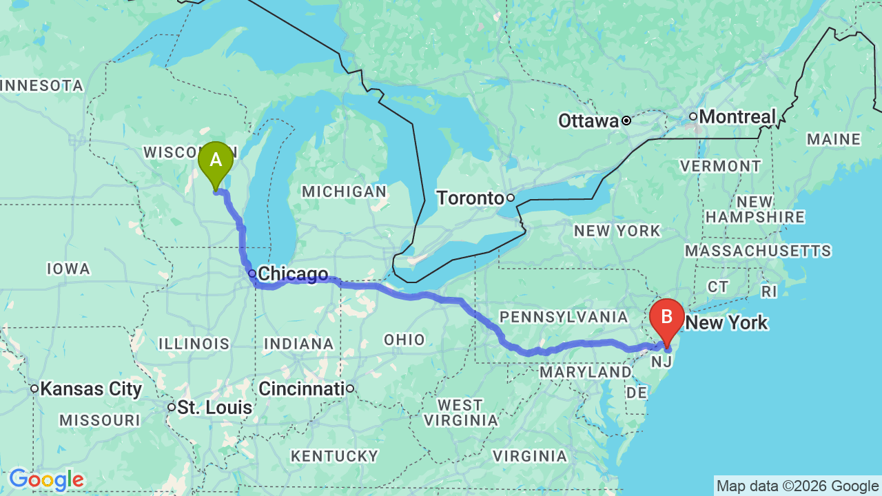 Route map: Wisconsin to New Jersey Car Shipping: Complete Relocator’s Guide