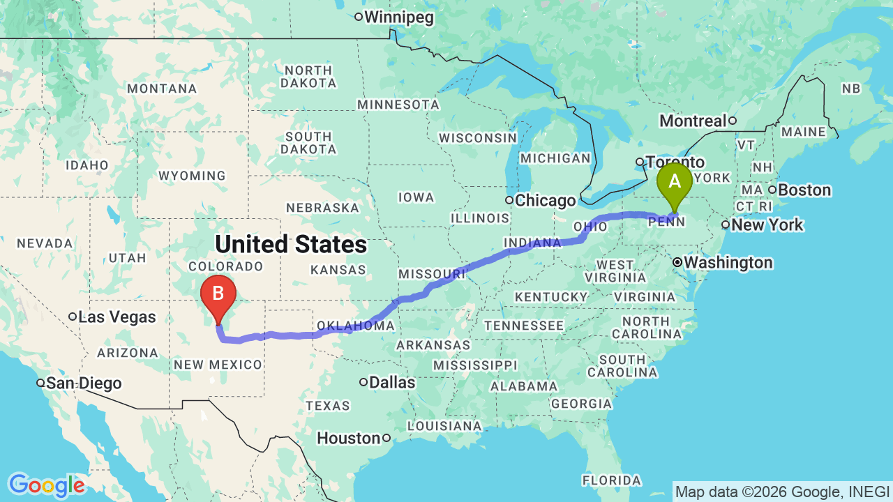 Route map: Pennsylvania to New Mexico Car Shipping for Your Career Relocation
