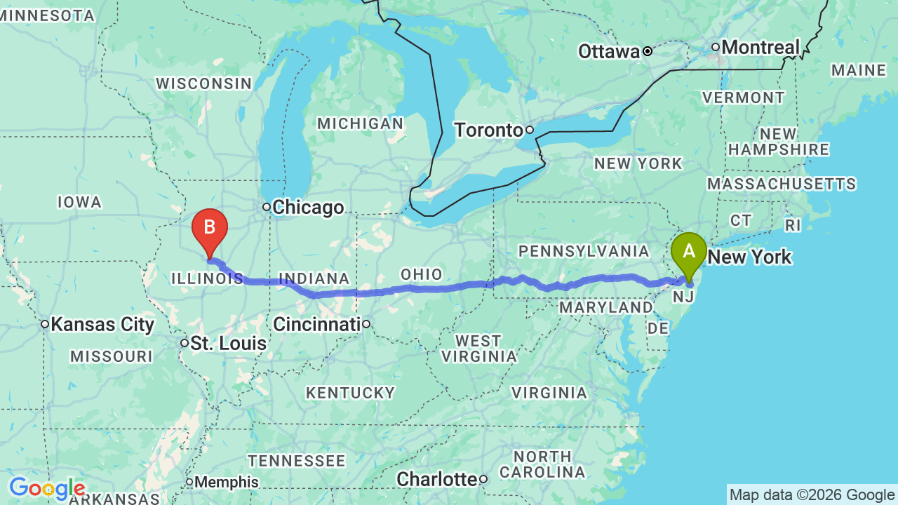 Route map: Streamlined New Jersey to Illinois Car Shipping for Your Career Relocation
