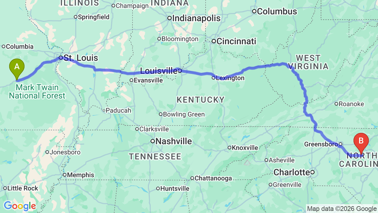 Route map: Missouri to North Carolina Car Shipping: Professional Relocation Services