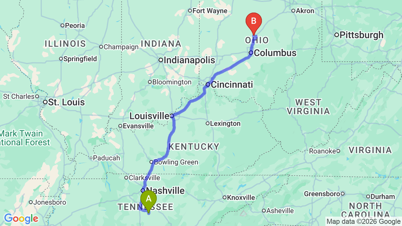 Route map: Tennessee to Ohio Car Shipping: Complete Relocator’s Guide