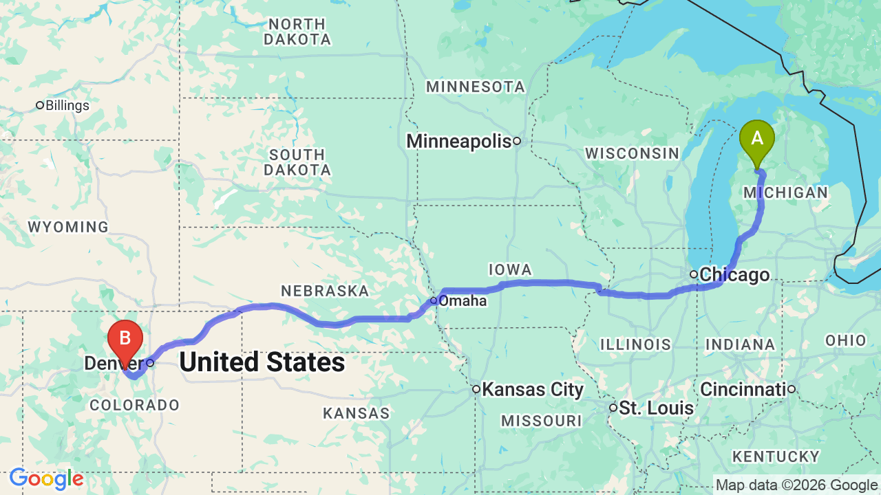 Route map: Michigan to Colorado Car Shipping: Complete Relocator’s Guide