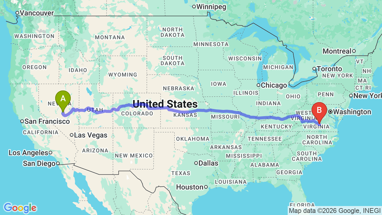 Route map: Nevada to Virginia Car Shipping for Professional Relocators