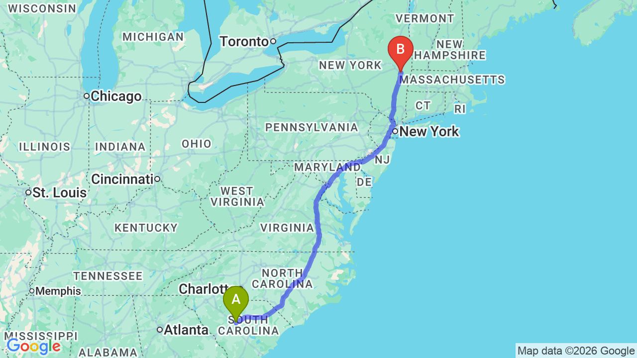 Route map: South Carolina to New York Car Shipping | Fast Relocation Transport