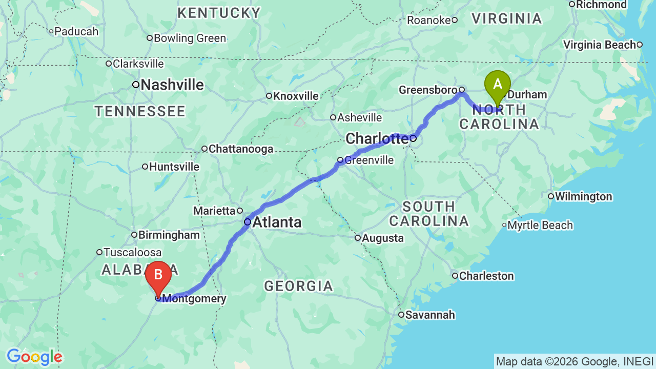 Route map: North Carolina to Alabama Car Shipping: Complete Relocator’s Guide