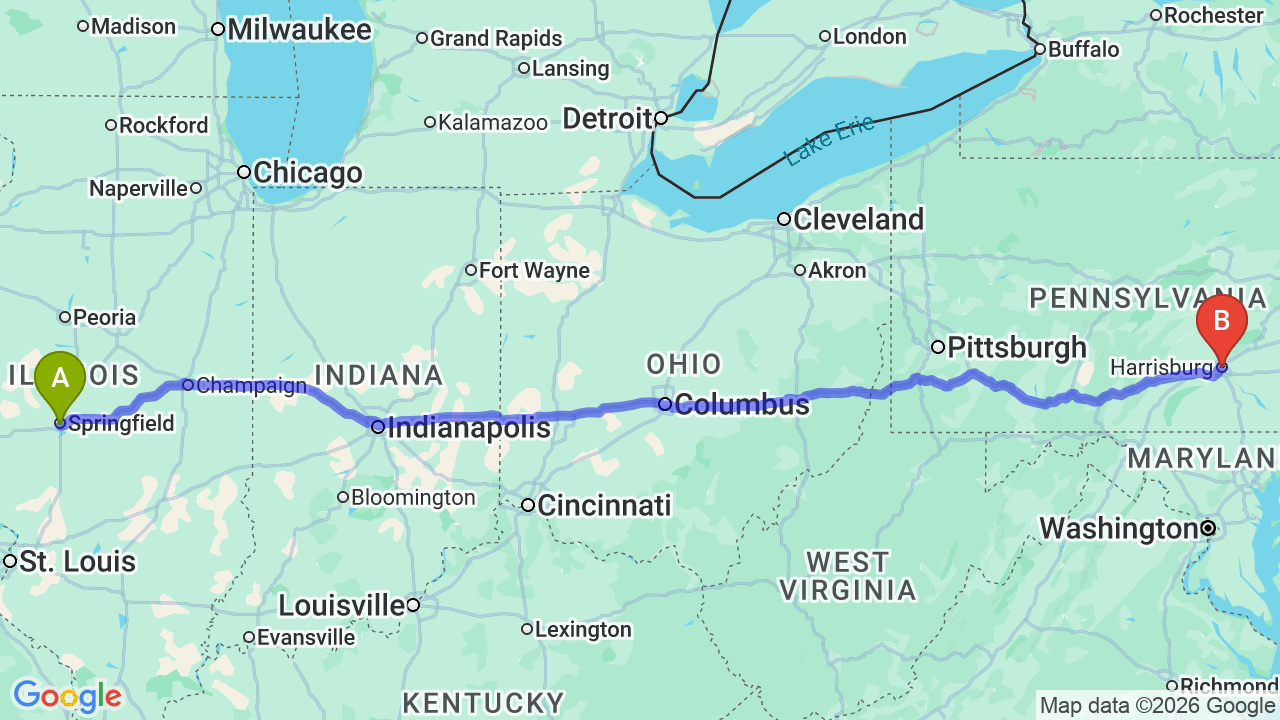 Route map: Illinois to Pennsylvania Car Shipping for Your Job Relocation