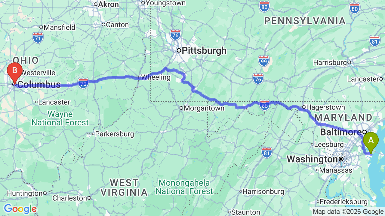 Route map: Maryland to Ohio Car Shipping: Professional Relocator Guide