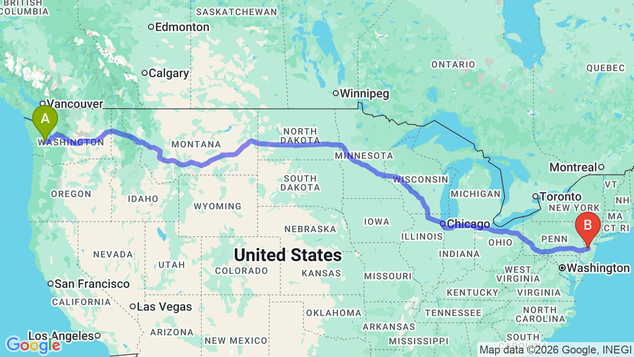 Route map: Washington to New Jersey Car Shipping: The Complete Relocator’s Guide