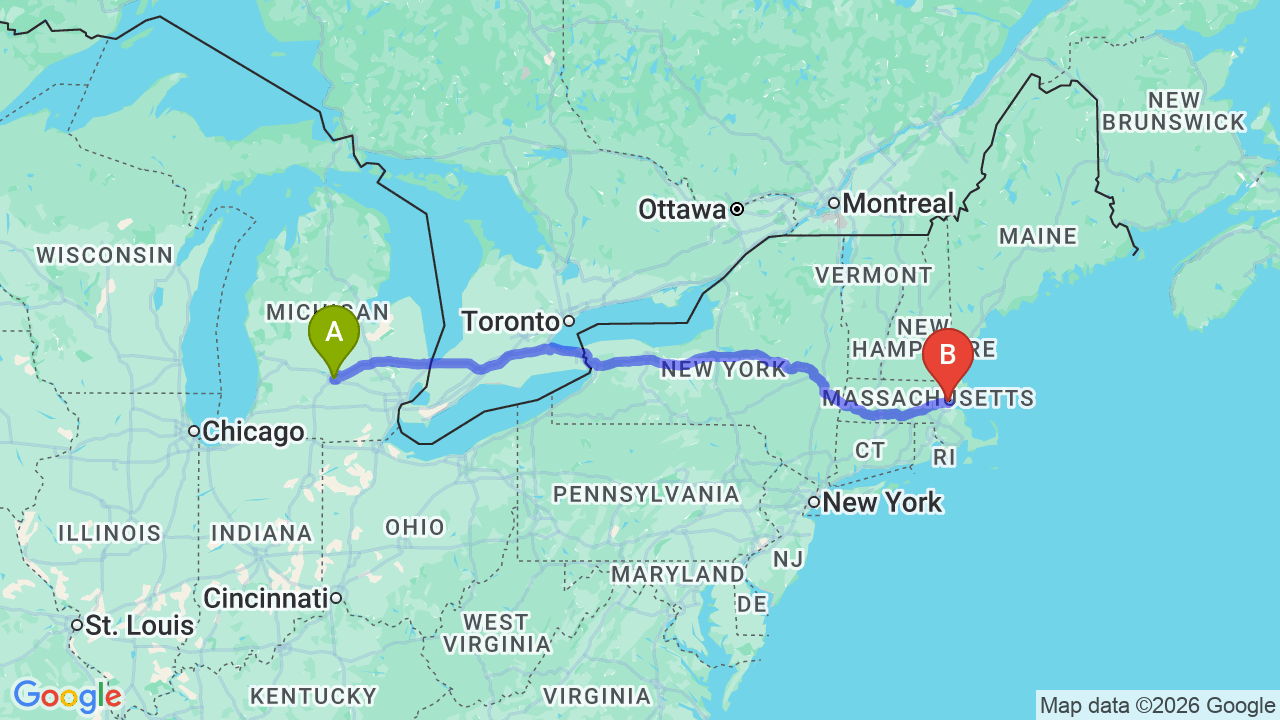 Route map: Michigan to Massachusetts Car Shipping: The Complete Relocator’s Guide