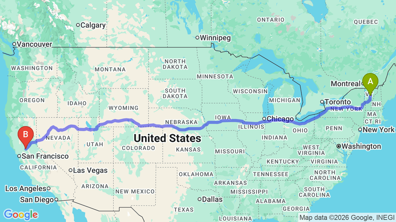 Route map: Vermont to California Car Shipping: The Complete Relocator’s Guide