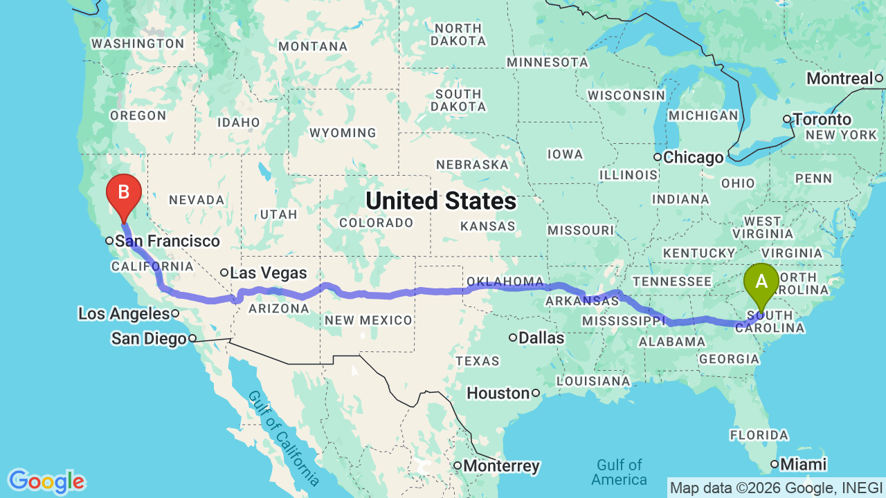 Route map: South Carolina to California Car Shipping: Your Complete Relocation Guide