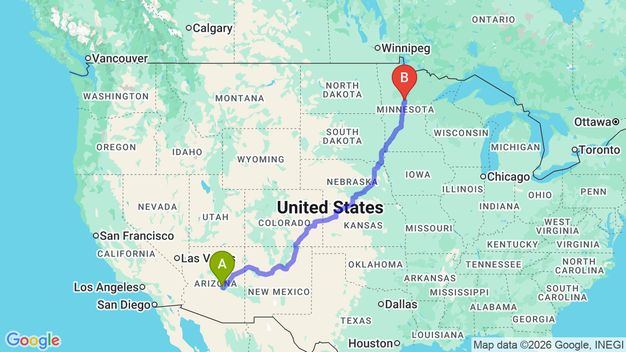Route map: Arizona to Minnesota Car Shipping: Relocating for Your Career Move