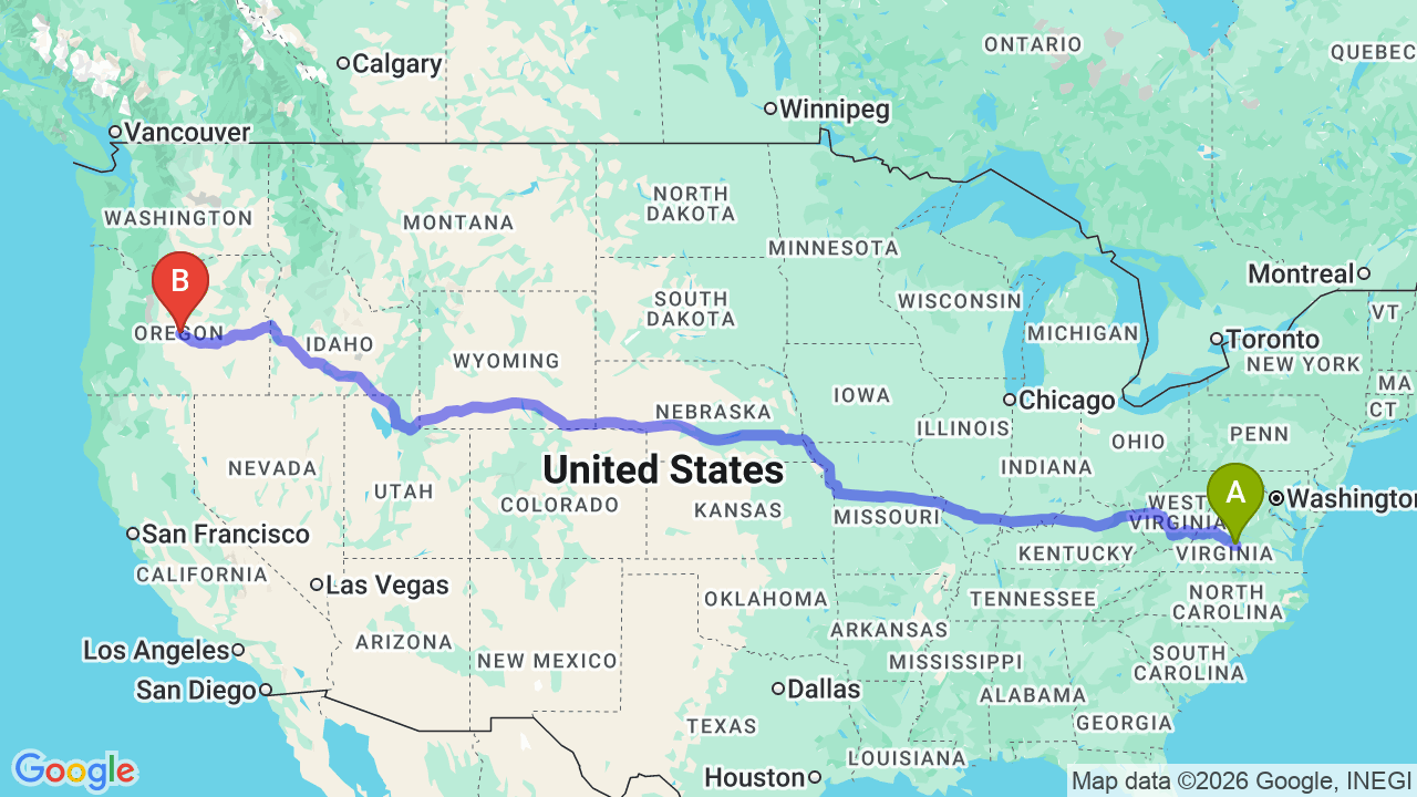 Route map: Virginia to Oregon Car Shipping: Your Stress-Free Relocation Guide