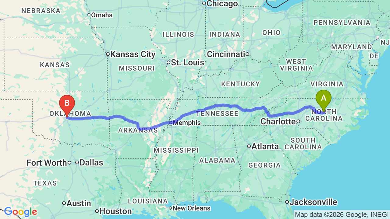 Route map: North Carolina to Oklahoma Car Shipping: Simplify Your Relocation to the Sooner State