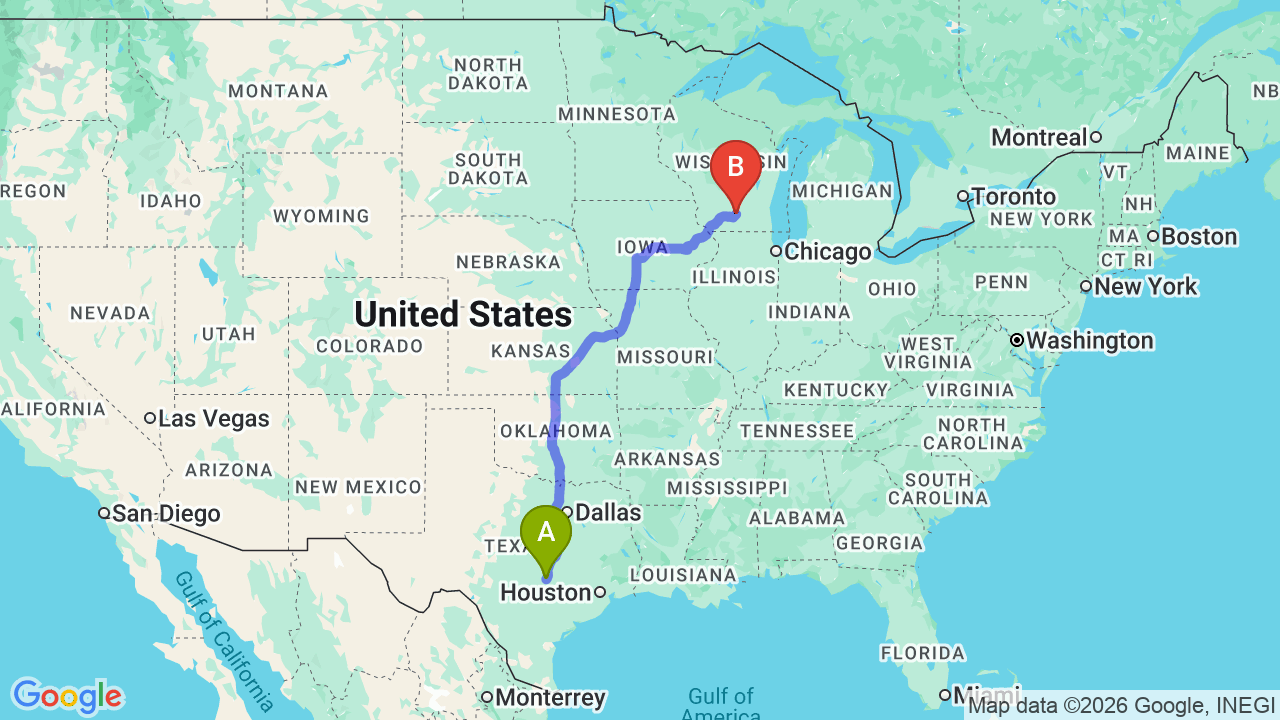 Route map: Texas to Wisconsin Car Shipping: Relocation Guide for Your Move to Madison