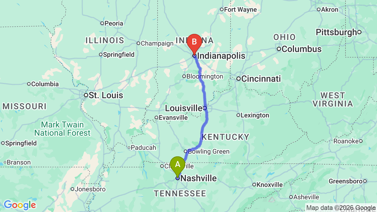 Route map: Tennessee to Indiana Car Shipping: The Complete Relocator’s Guide