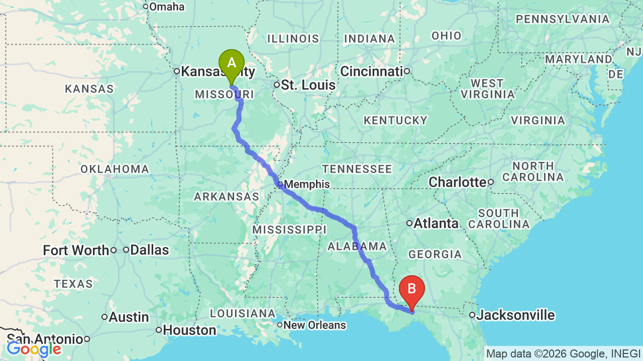 Route map: Missouri to Florida Car Shipping: Your Stress-Free Relocation Guide