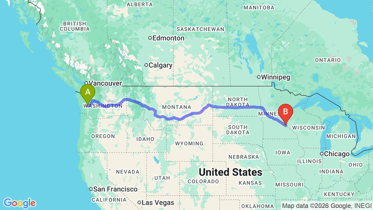 Route map: Washington to Minnesota Car Shipping: Complete Relocator’s Guide