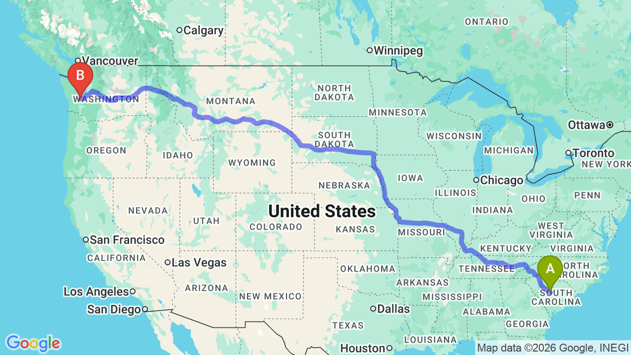 Route map: South Carolina to Washington Car Shipping: The Complete Relocator’s Guide