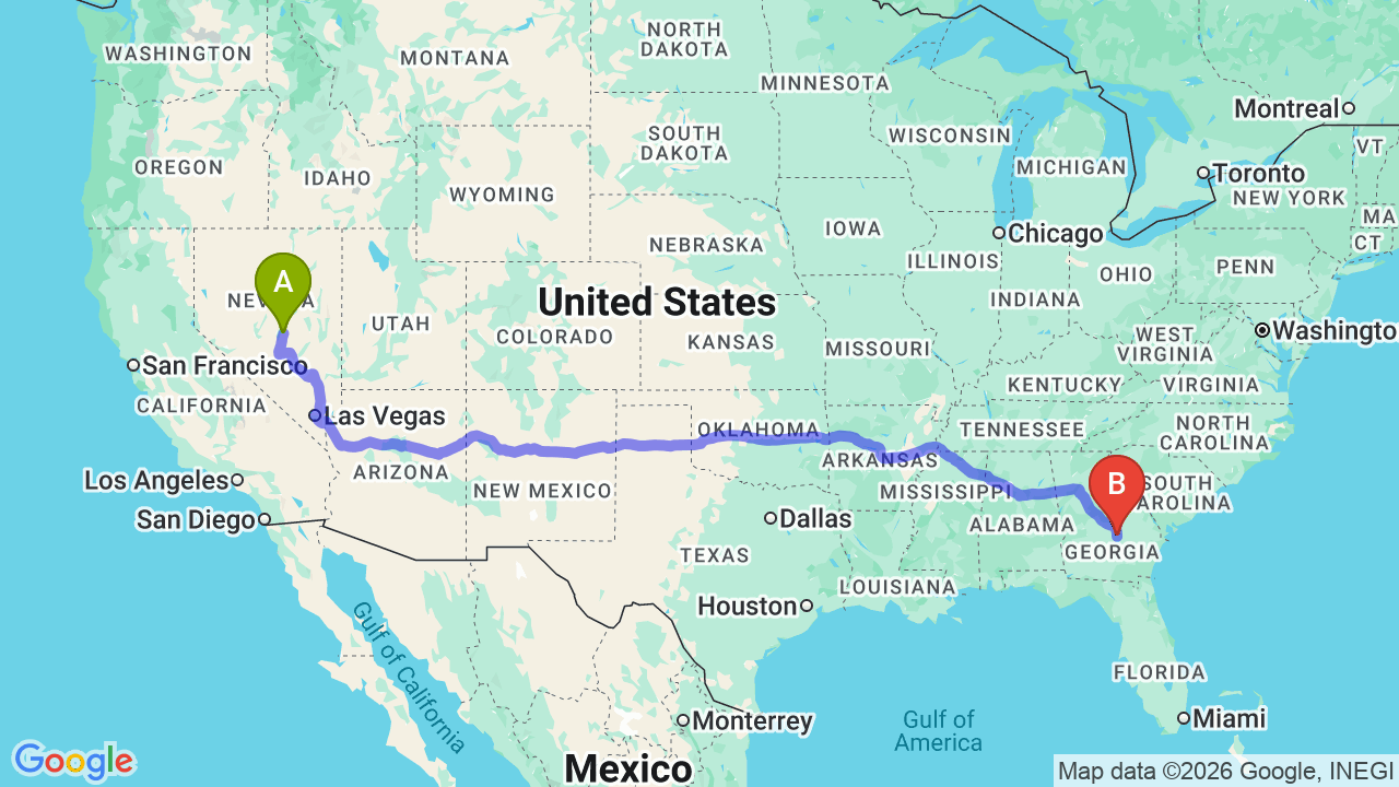 Route map: Nevada to Georgia Car Shipping: The Complete Relocation Guide