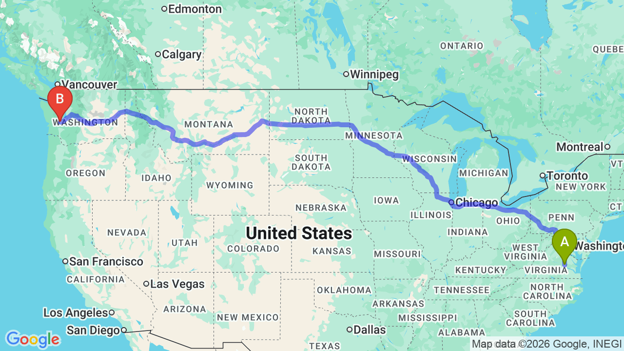 Route map: Virginia to Washington Car Shipping: Complete Relocation Guide