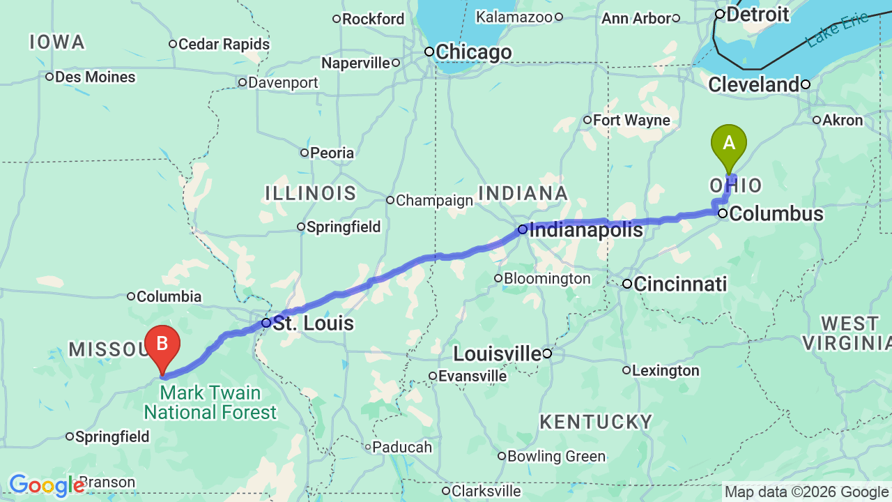 Route map: Ohio to Missouri Car Shipping: Complete Guide for Relocators