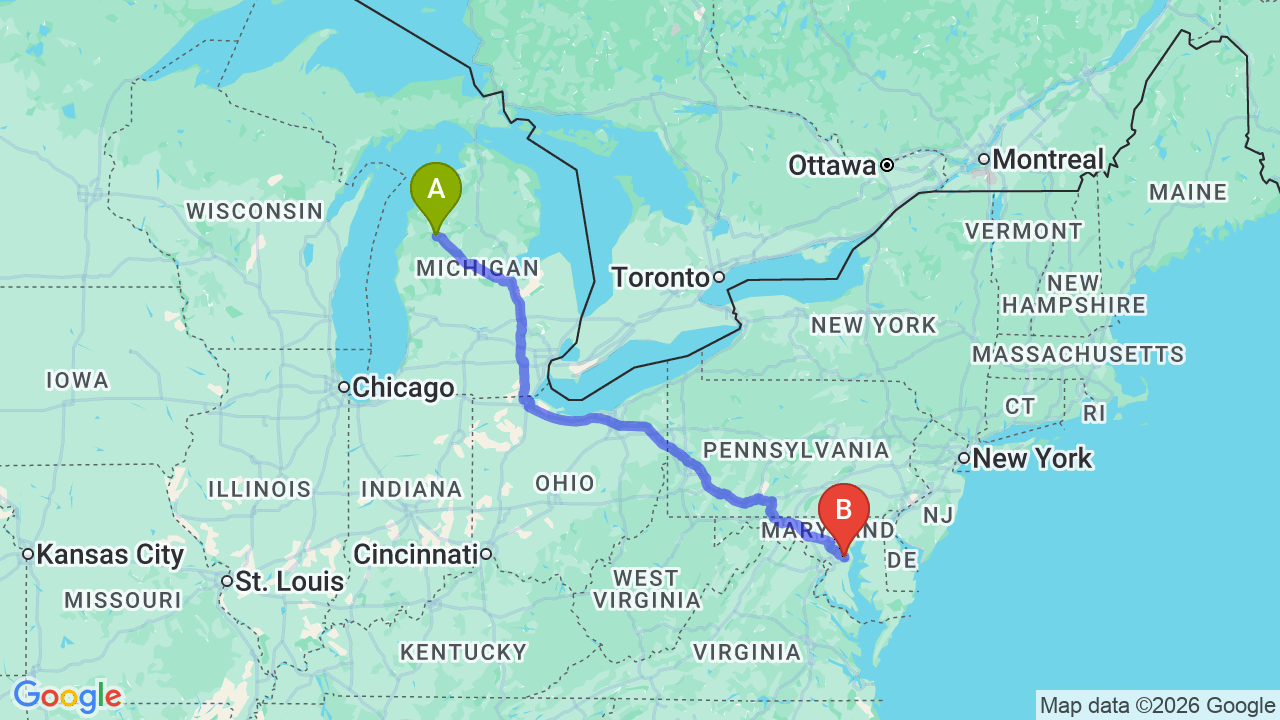 Route map: Michigan to Maryland Car Shipping: Reliable Solutions for Relocators